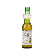 Sparkling pear juice bottle with green glass and printed front label