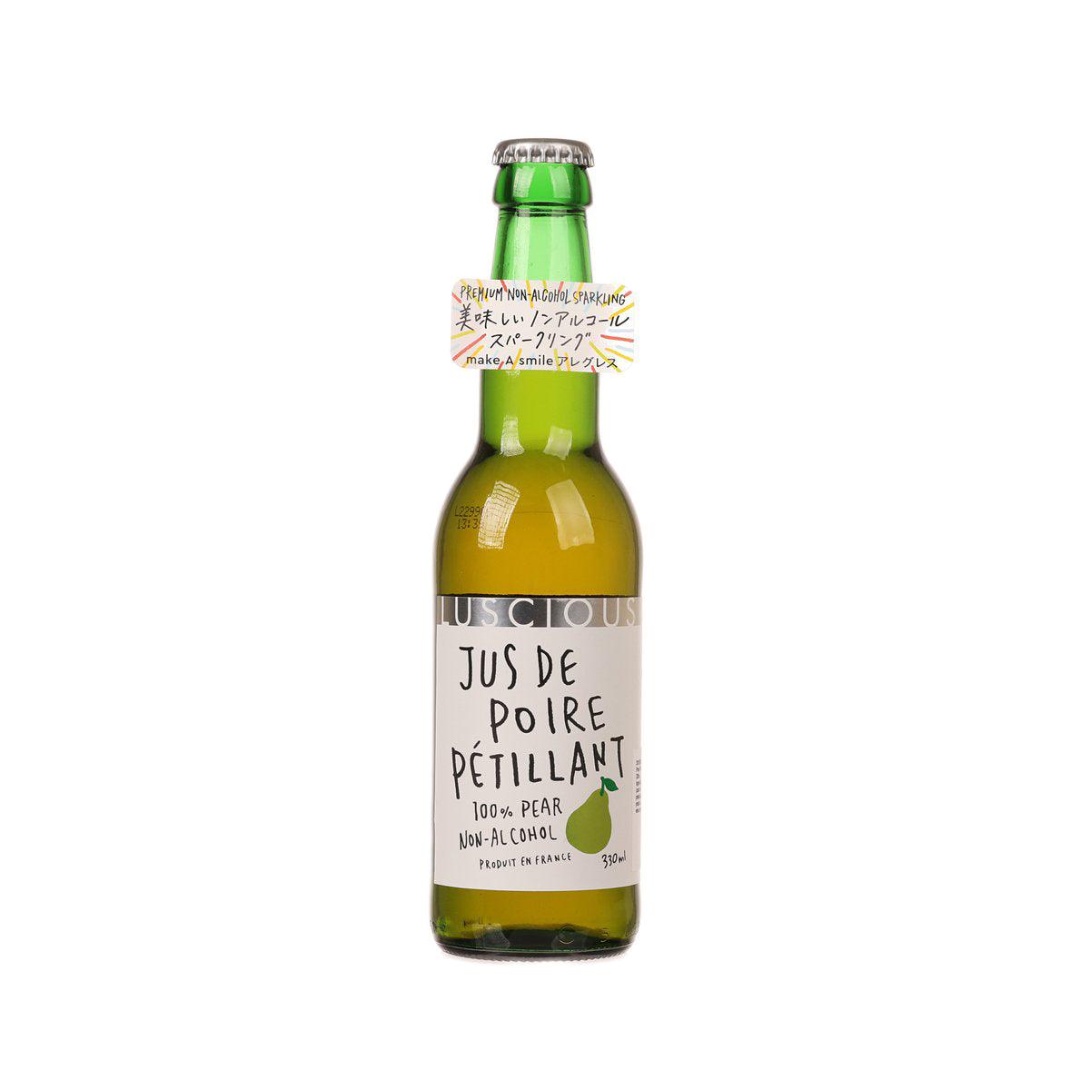 Sparkling pear juice bottle with green glass and printed front label