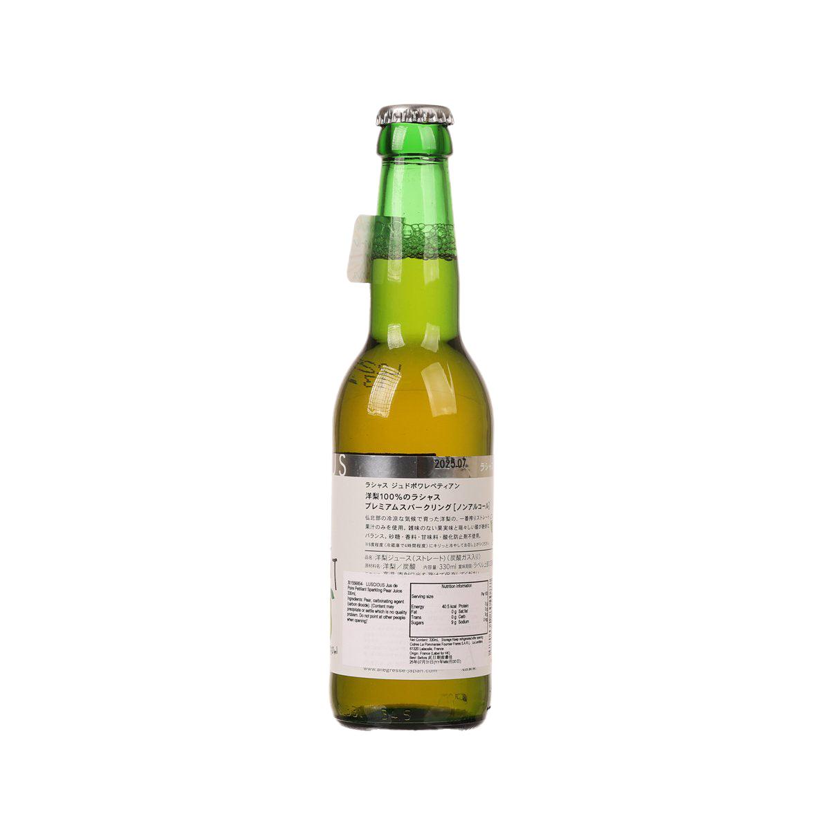 Sparkling pear juice bottle with green glass and printed back label