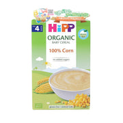 Organic baby cereal box, 100% corn with bowl and corn kernels on front