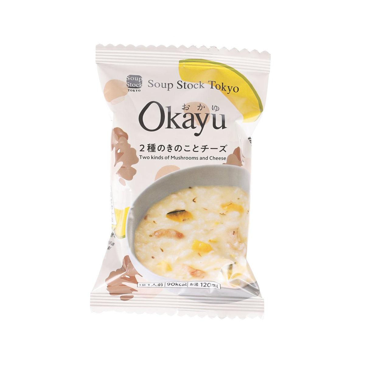 Freeze-dried mushroom and cheese congee packet with Soup Stock Tokyo front label