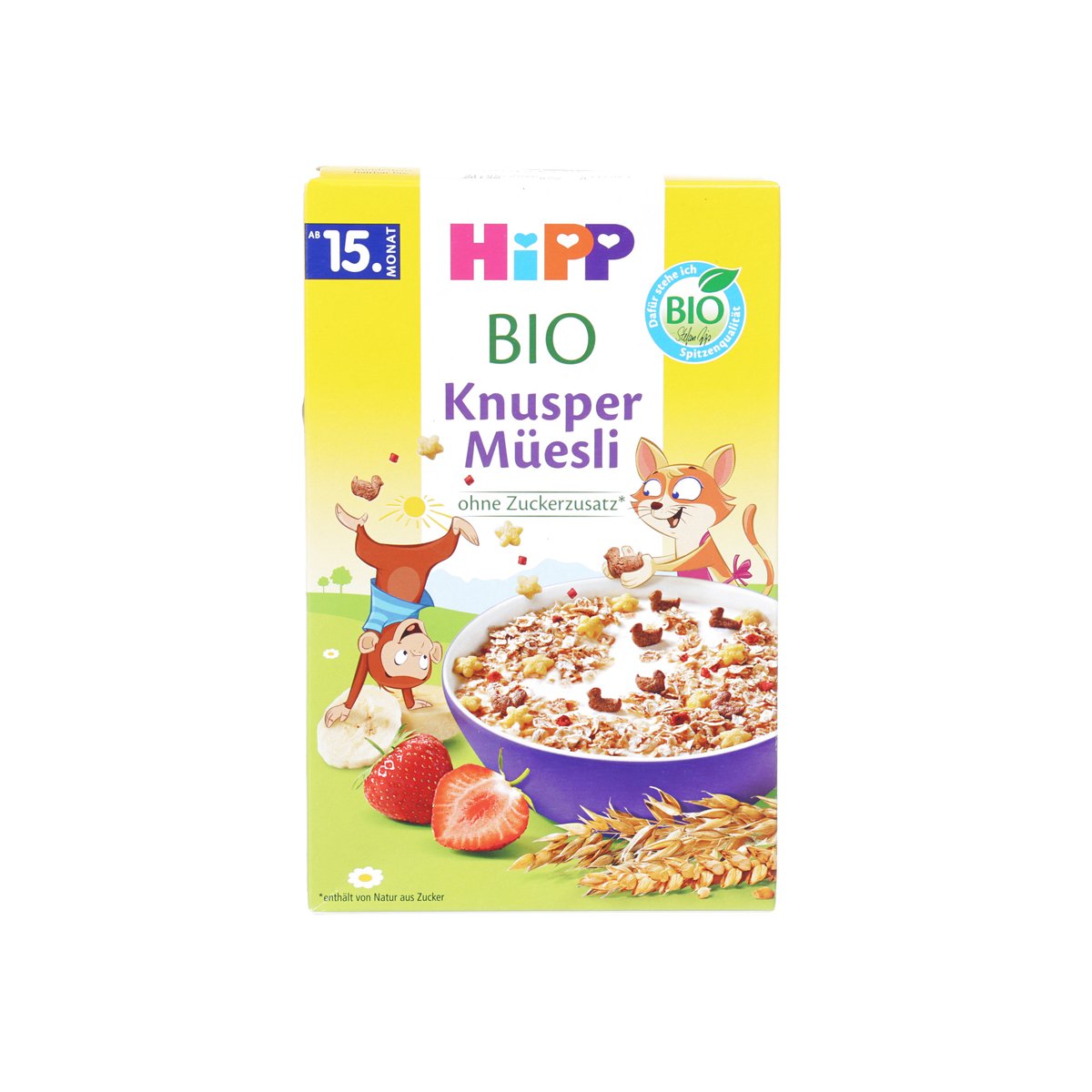 Organic kids muesli crunchy cereal box with blue-yellow front and strawberry design