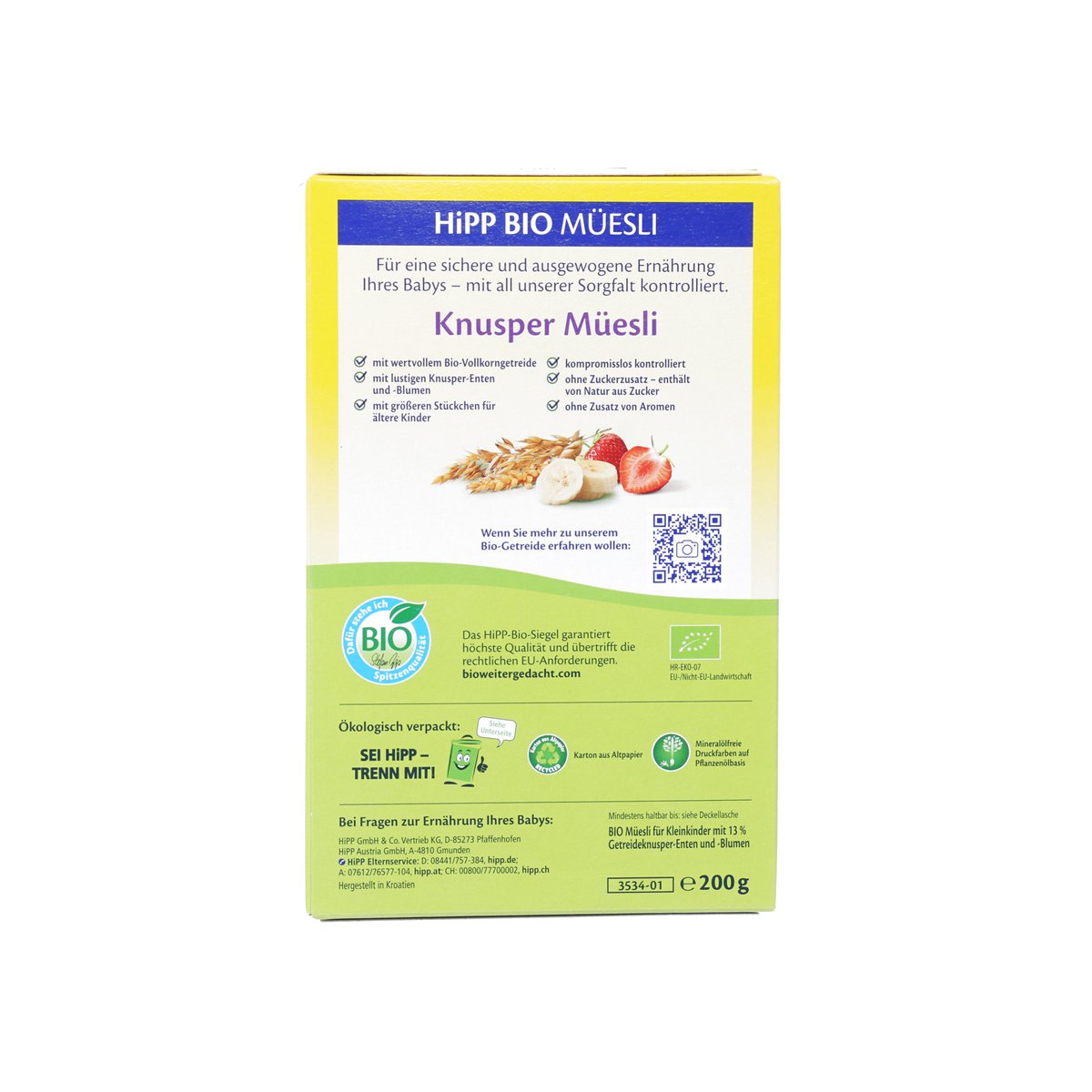 Organic kids muesli crunchy cereal box back panel with nutrition and ingredient text