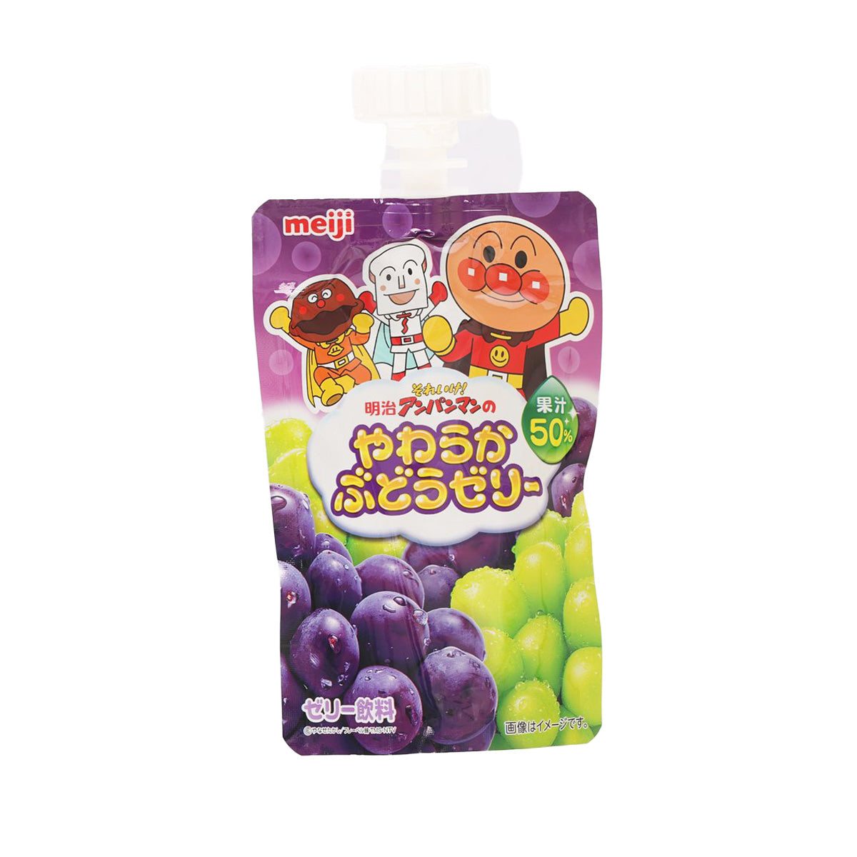 MEIJI Anpanman grape jelly drink pouch, purple with character graphics