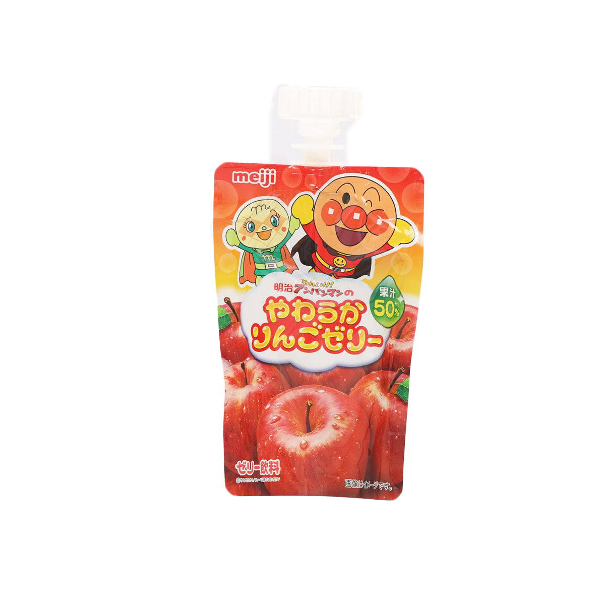 Apple jelly drink pouch with Anpanman characters, bright red front label