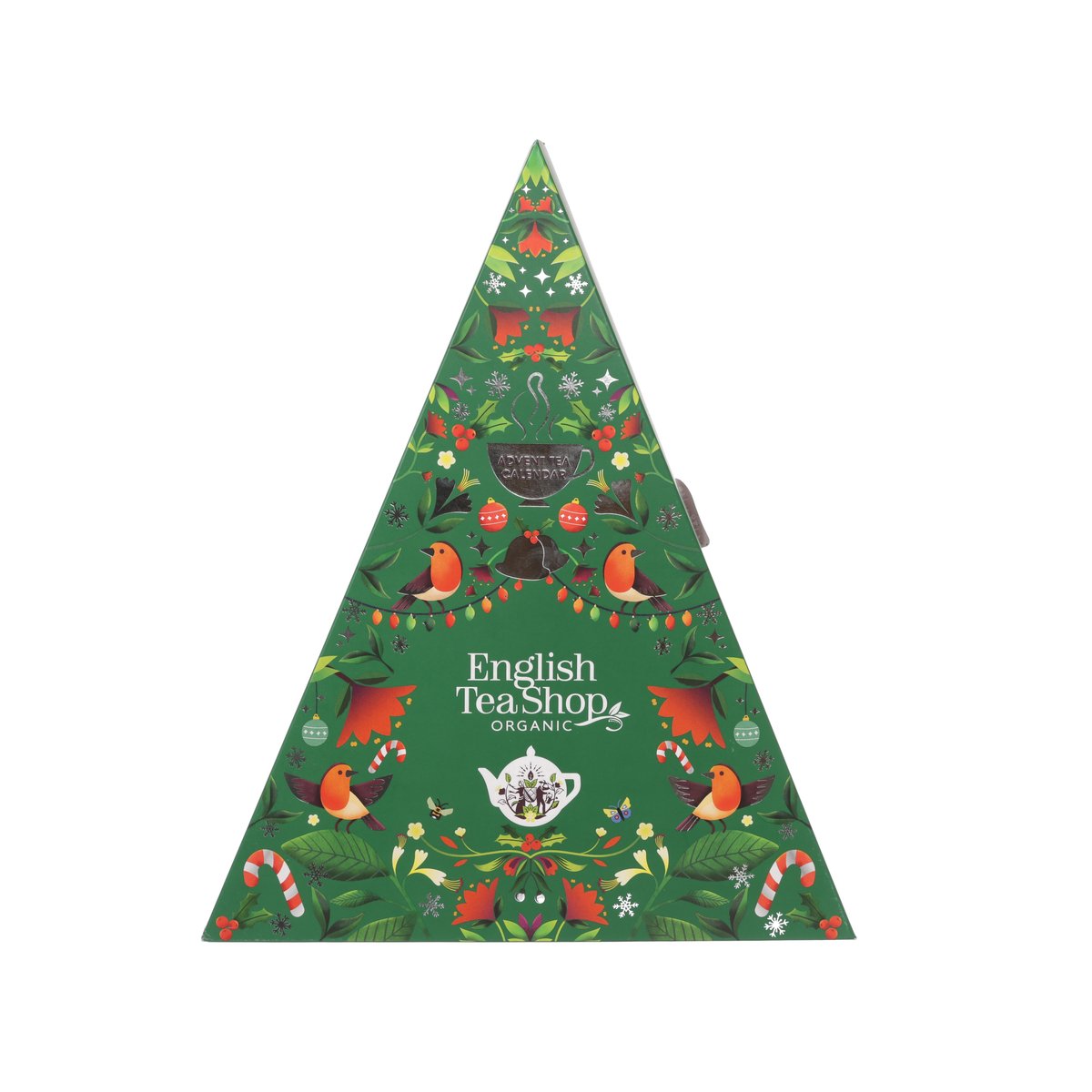 Triangular green tea advent calendar with festive birds and leaf graphics