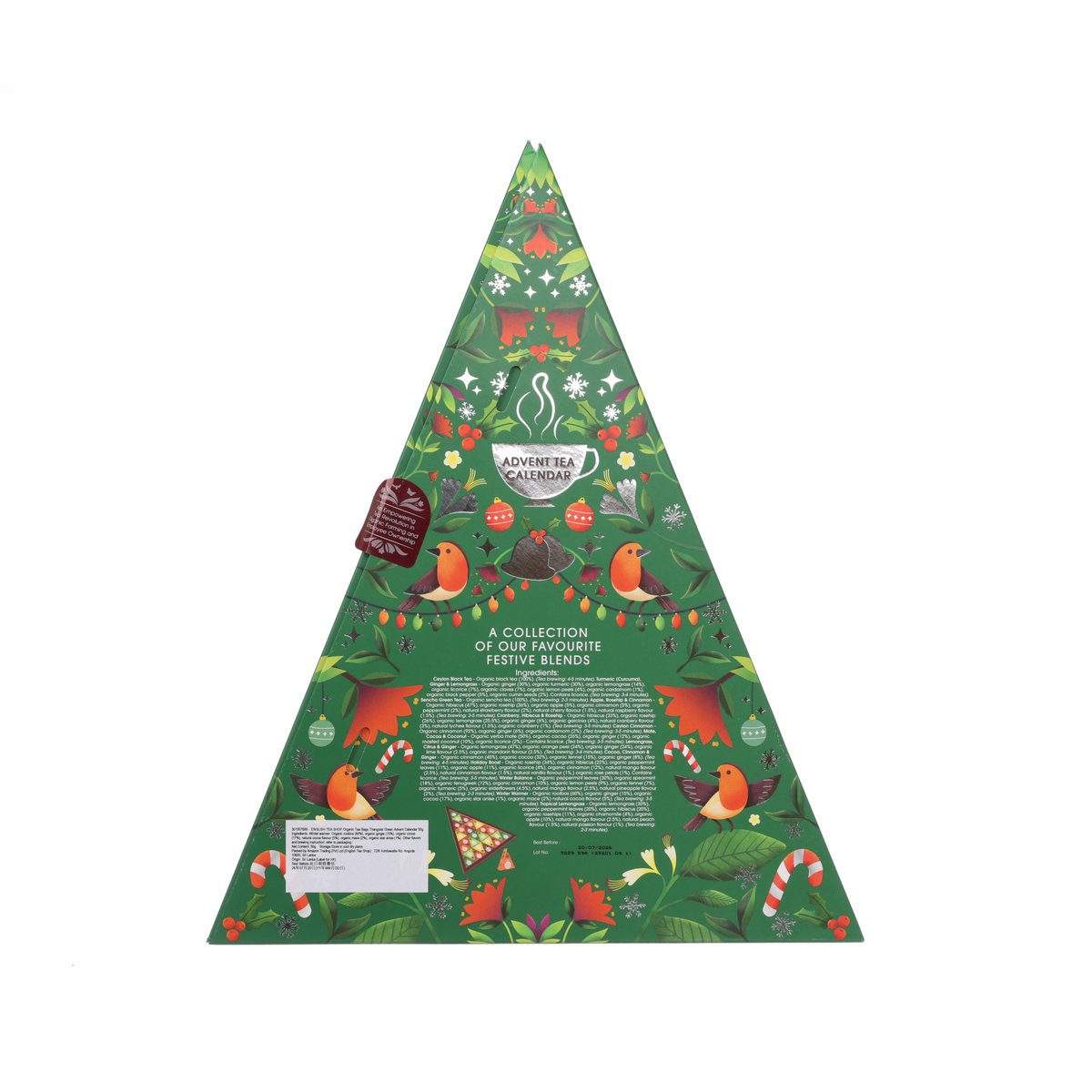 Triangular green tea advent calendar back with ingredients text and gift icons