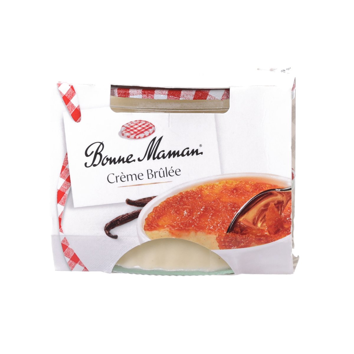 BONNE MAMAN creme brulee dessert in sealed package with red-and-white trim