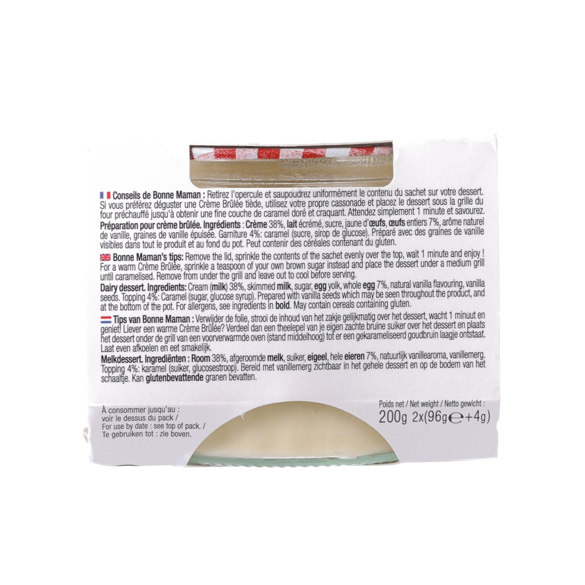 Creme brulee dessert package back panel with product details and nutrition