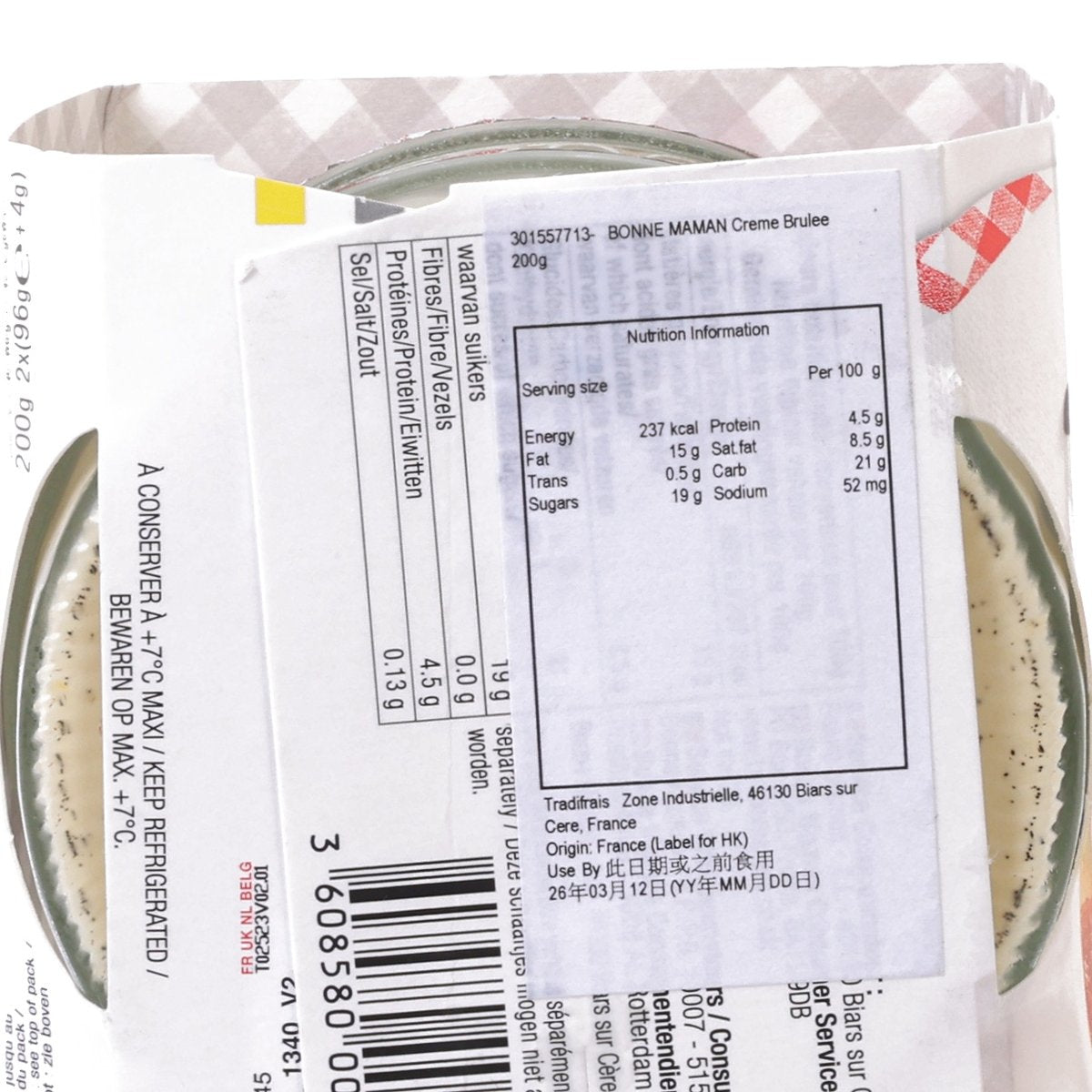 Creme brulee package label and nutrition table on sealed container