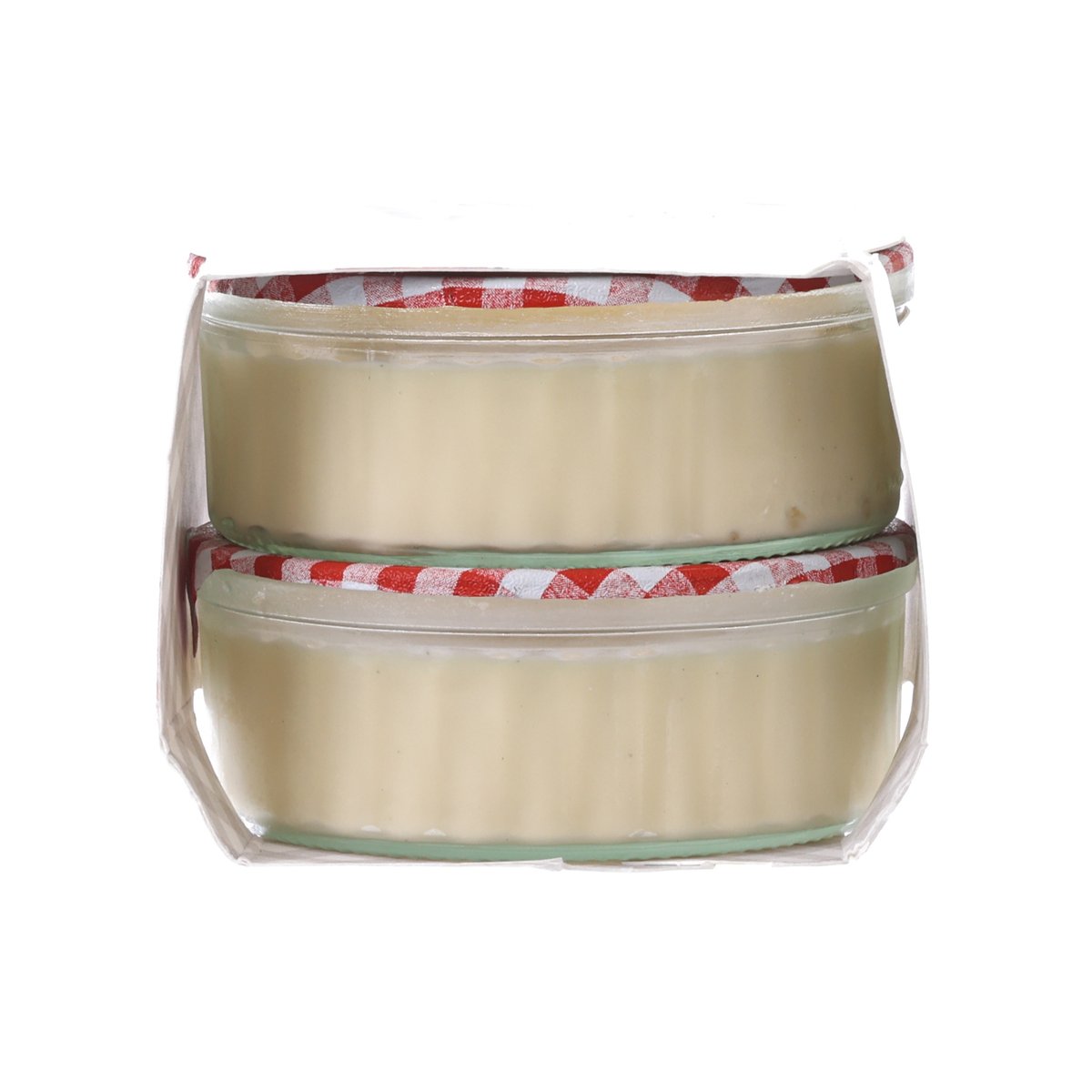 Sealed creme brulee cups showing smooth pale cream surface