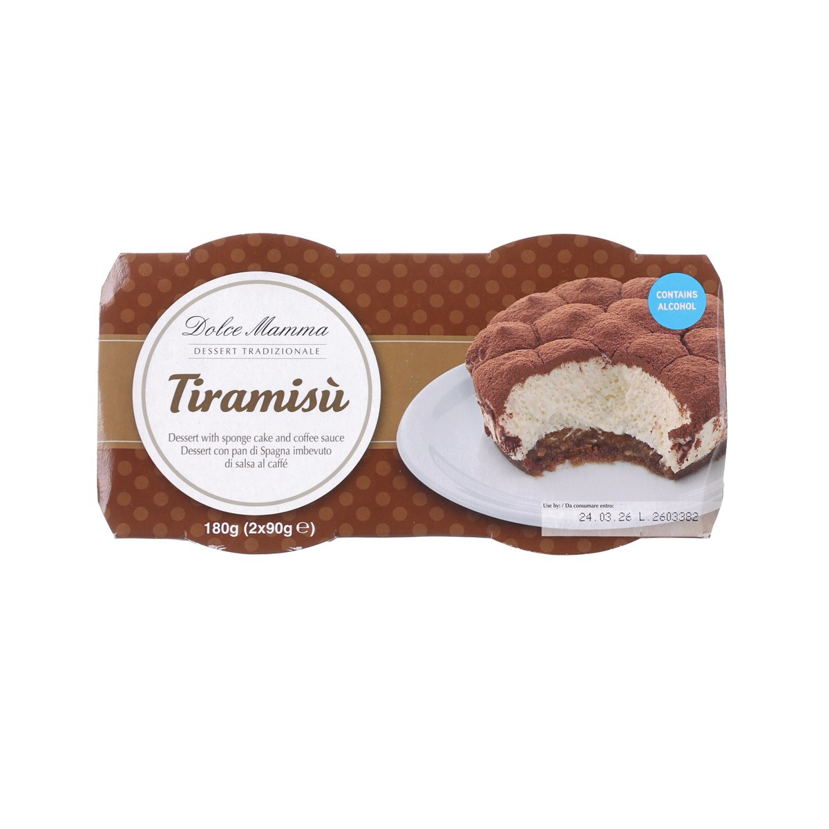 Tiramisu dessert pack with tray, showing a sliced tiramisu piece