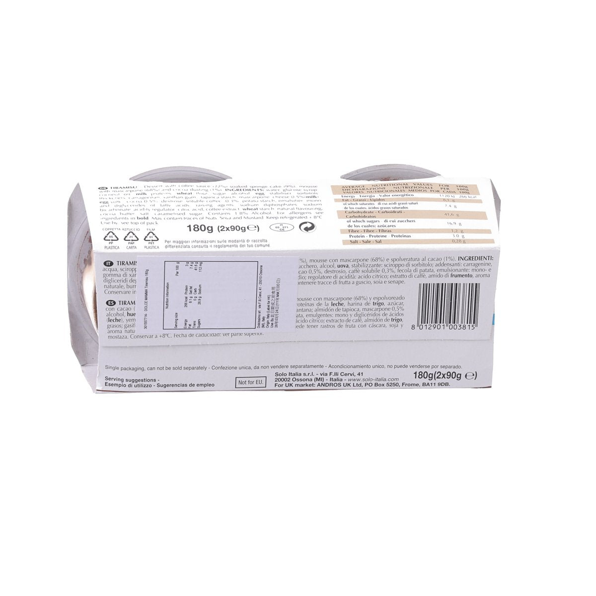 Tiramisu dessert box back with nutrition and ingredient information