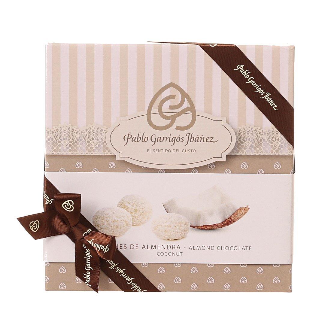 Almond white chocolate coconut bonbons gift box with brown ribbon