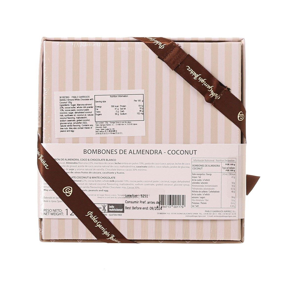 Back view of almond white chocolate coconut bonbons box with ingredient label