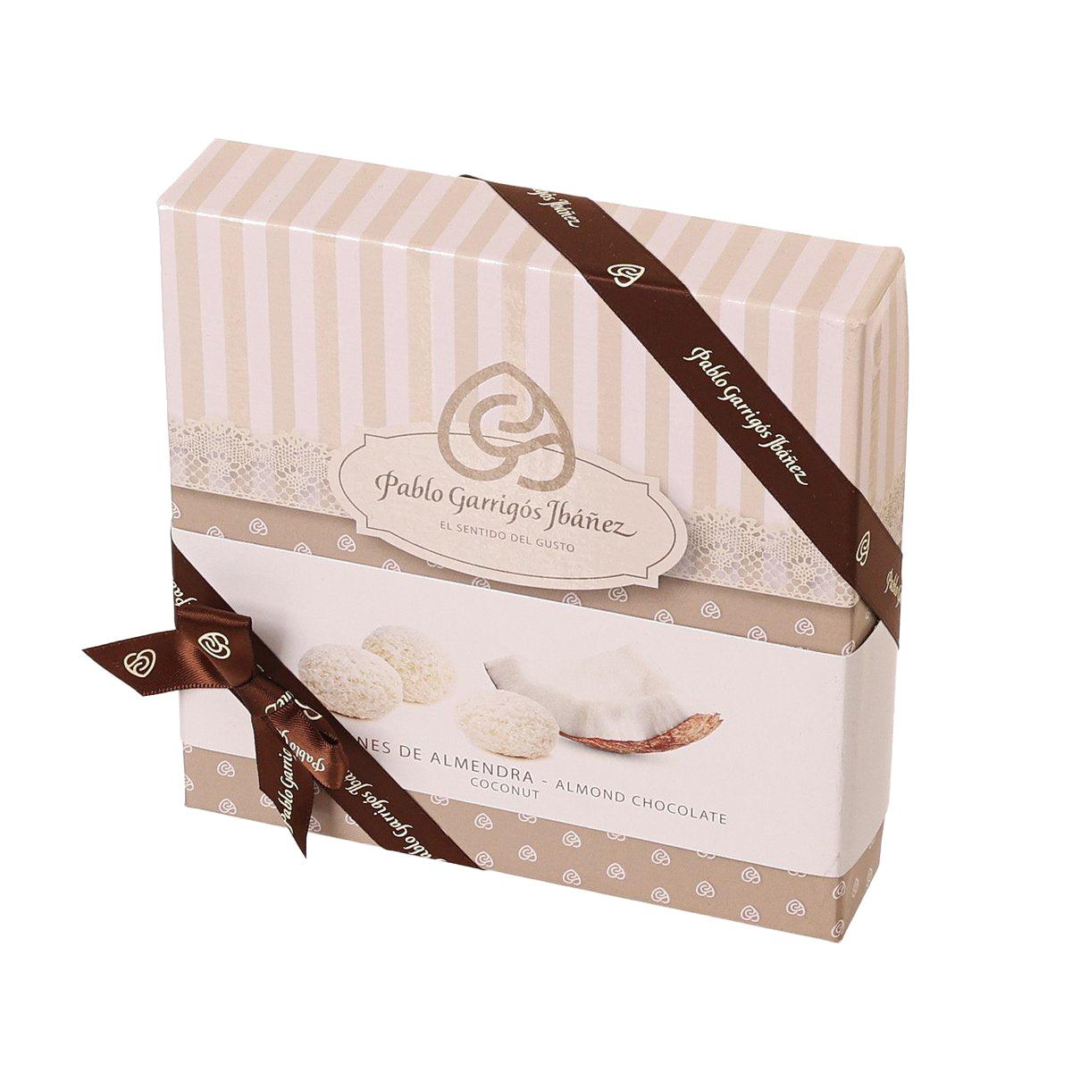 Almond white chocolate coconut bonbons box with logo and brown ribbon bow