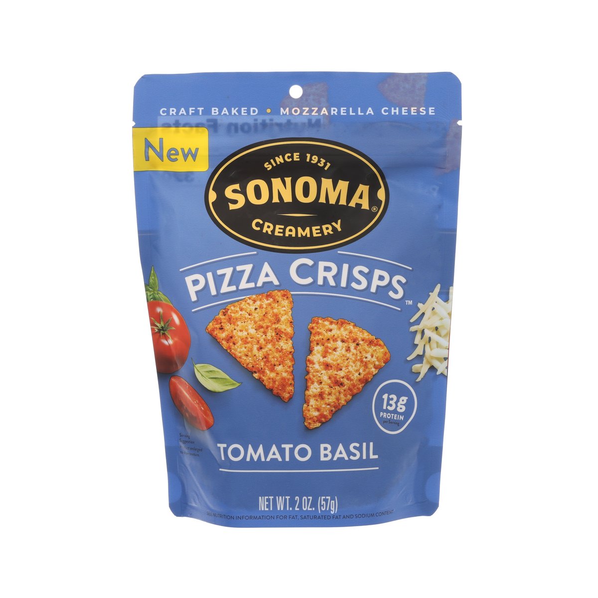 SONOMA CREAMERY pizza crisps bag, tomato basil mozzarella cheese flavor
