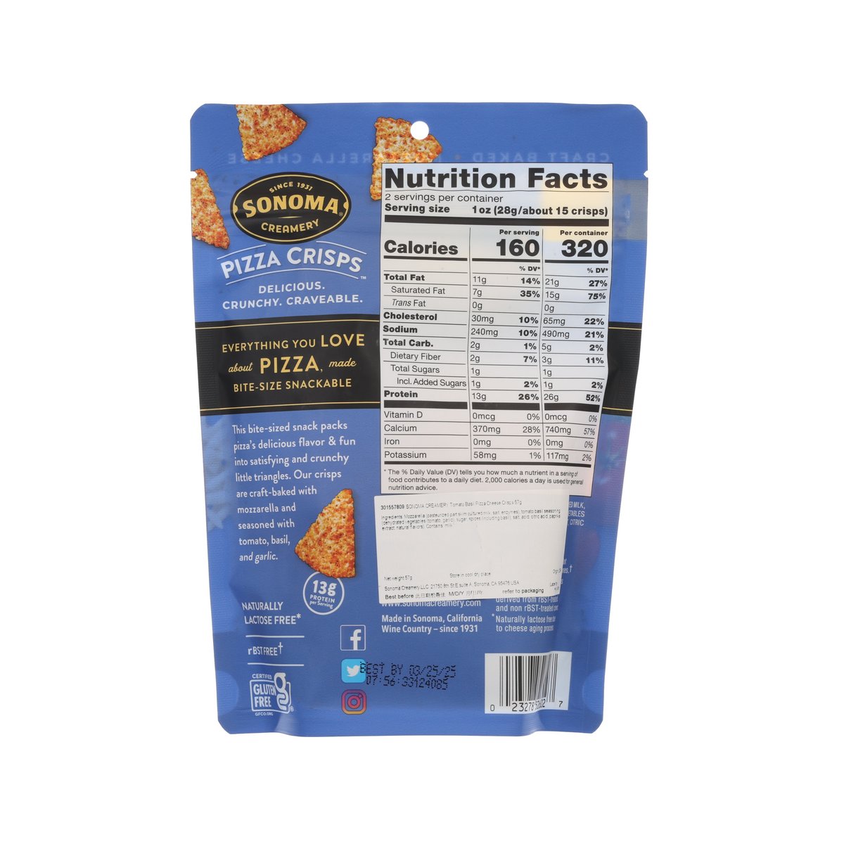 Pizza crisps bag back with nutrition label and barcode