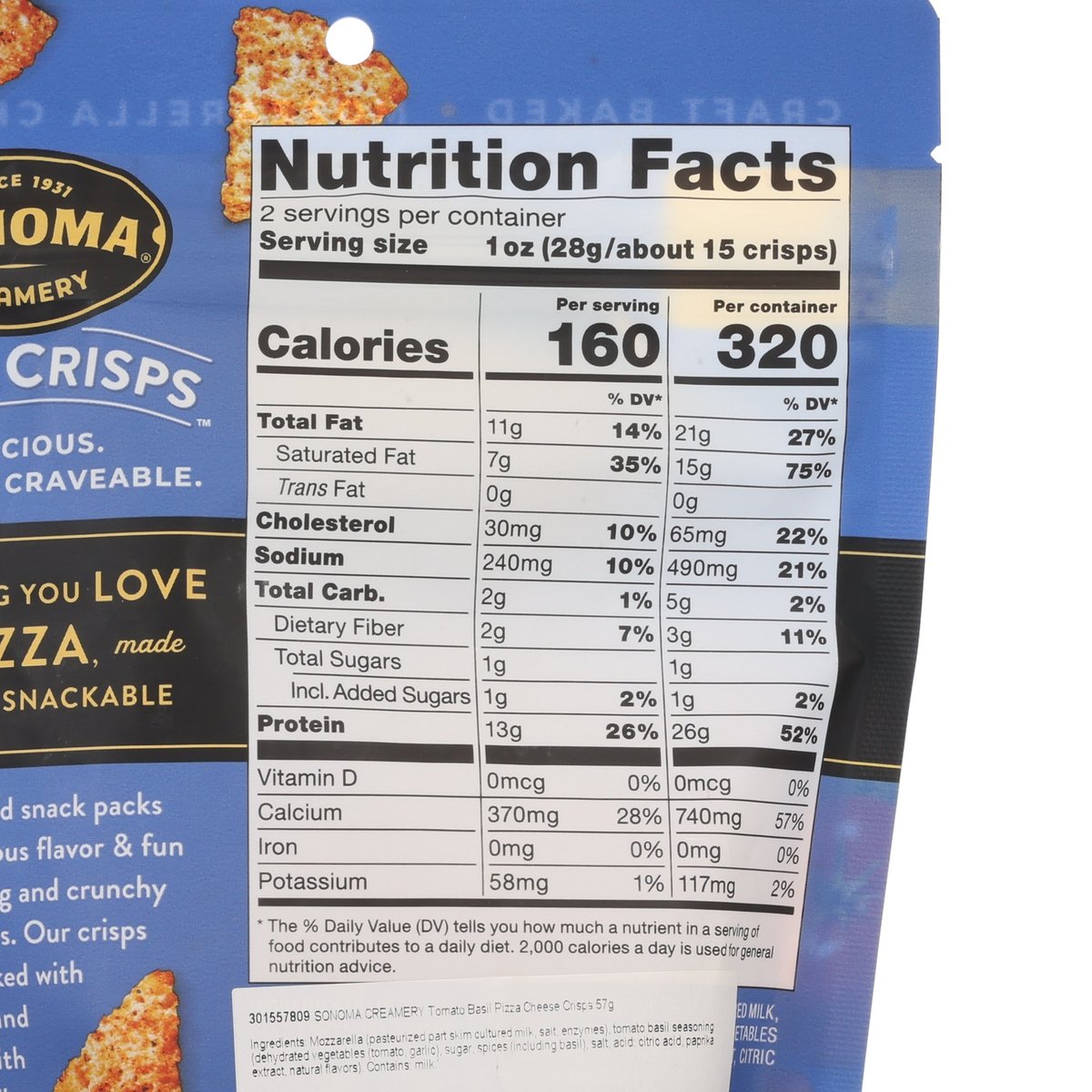 Nutrition Facts label for pizza crisps, serving size and calories 160
