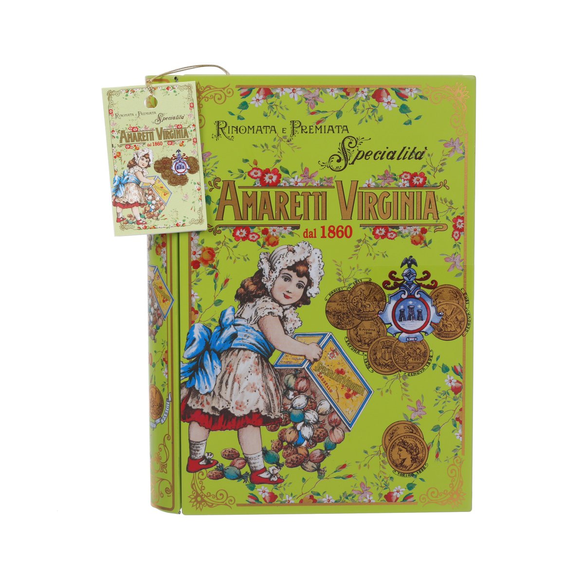 Amaretti Virginia classic book gift tin with green floral front and illustrated child