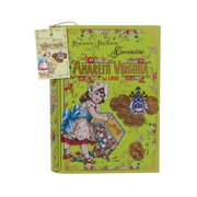 Amaretti Virginia classic book gift tin with green floral front and illustrated child