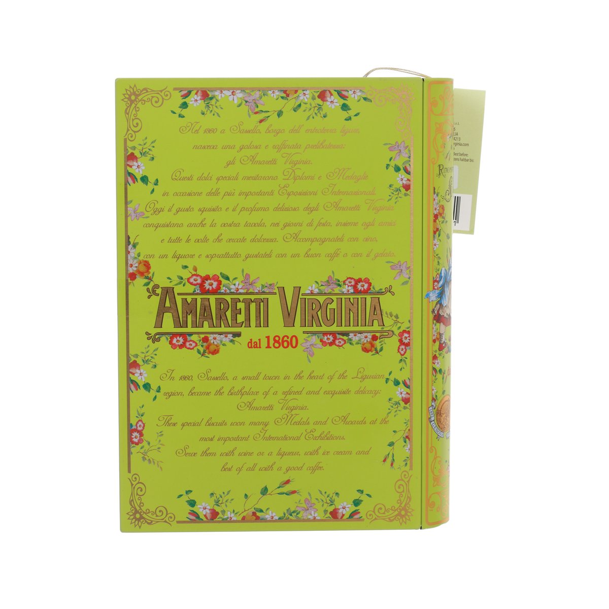 Amaretti Virginia classic book gift tin, green back with printed text and logo