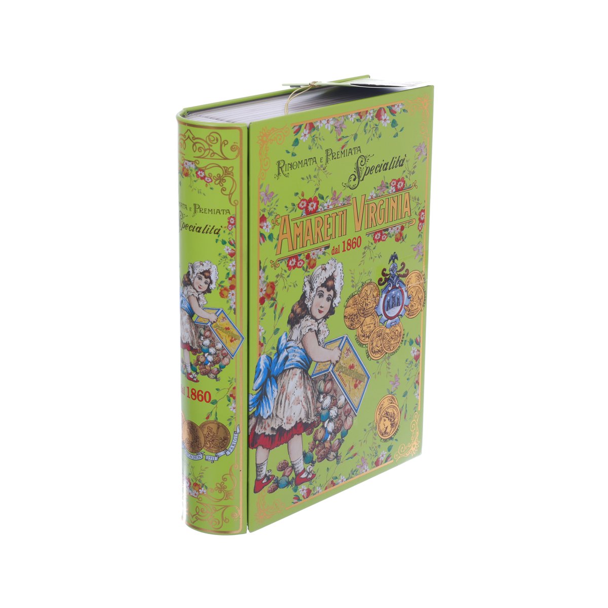 Amaretti Virginia classic book gift tin in green with wraparound illustrated design