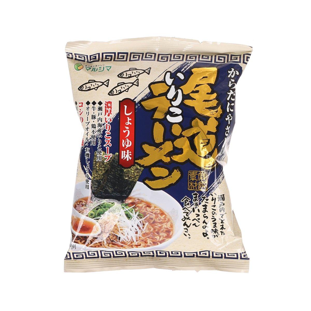 MARUSHIMA sardine soy sauce ramen soup pouch, front graphic with bowl and fish