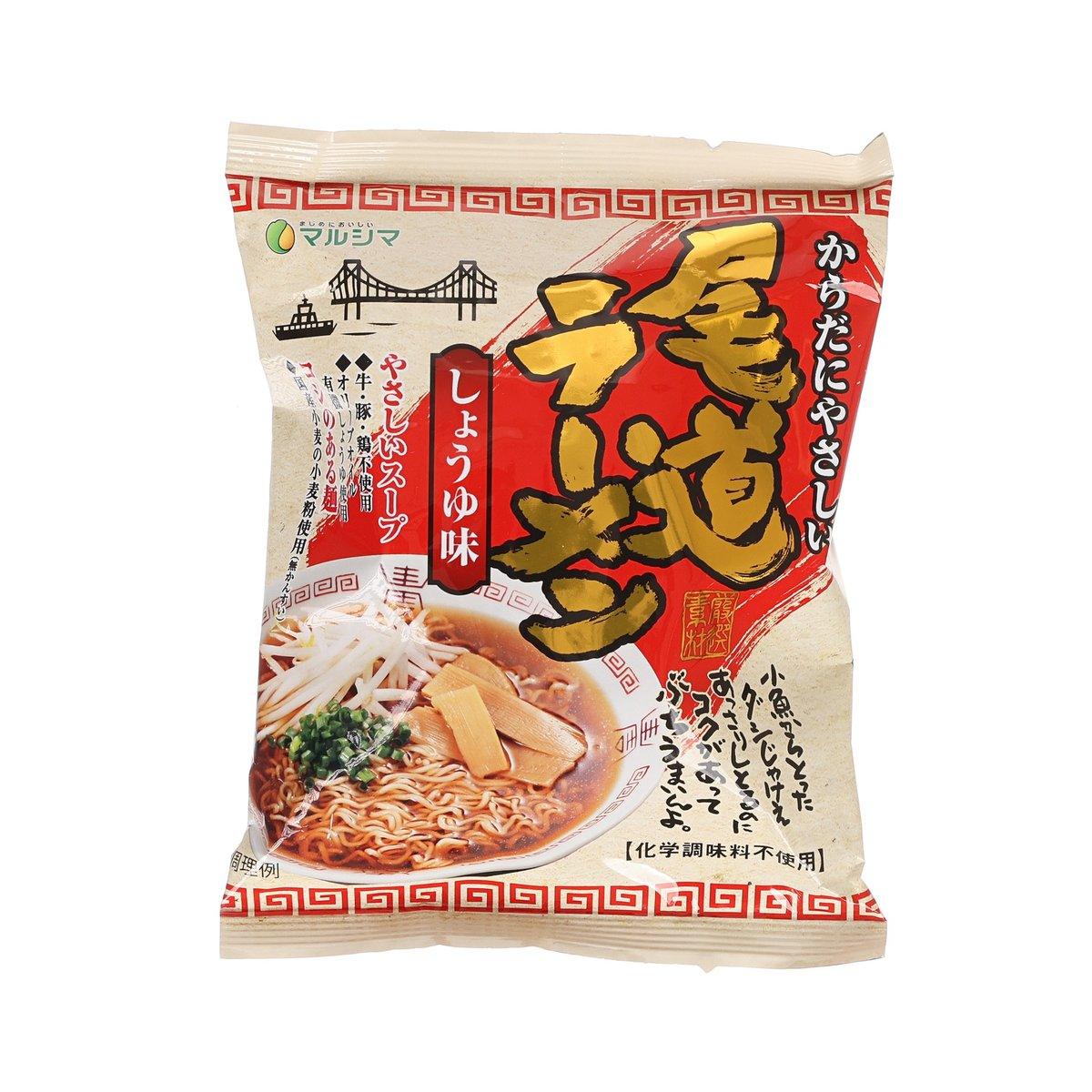 Instant soy sauce ramen soup packet with illustration and noodles
