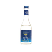 Sparkling rice wine bottle with blue label and clear glass, 295 mL