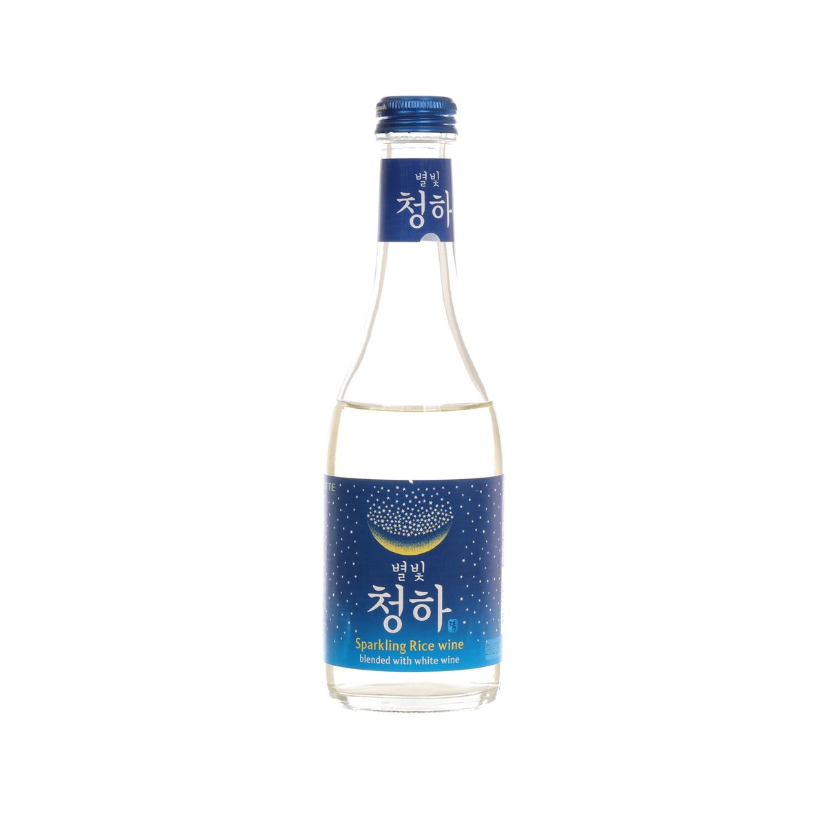 Sparkling rice wine bottle with blue label and clear glass, 295 mL