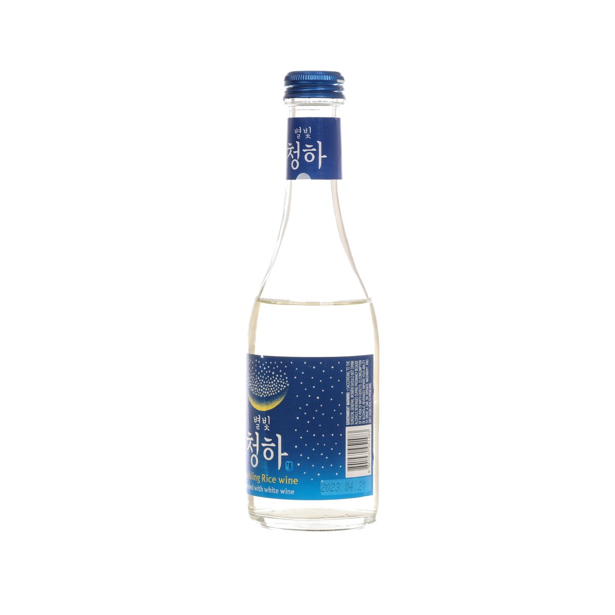 Sparkling rice wine bottle with blue back label on clear glass, 295 mL
