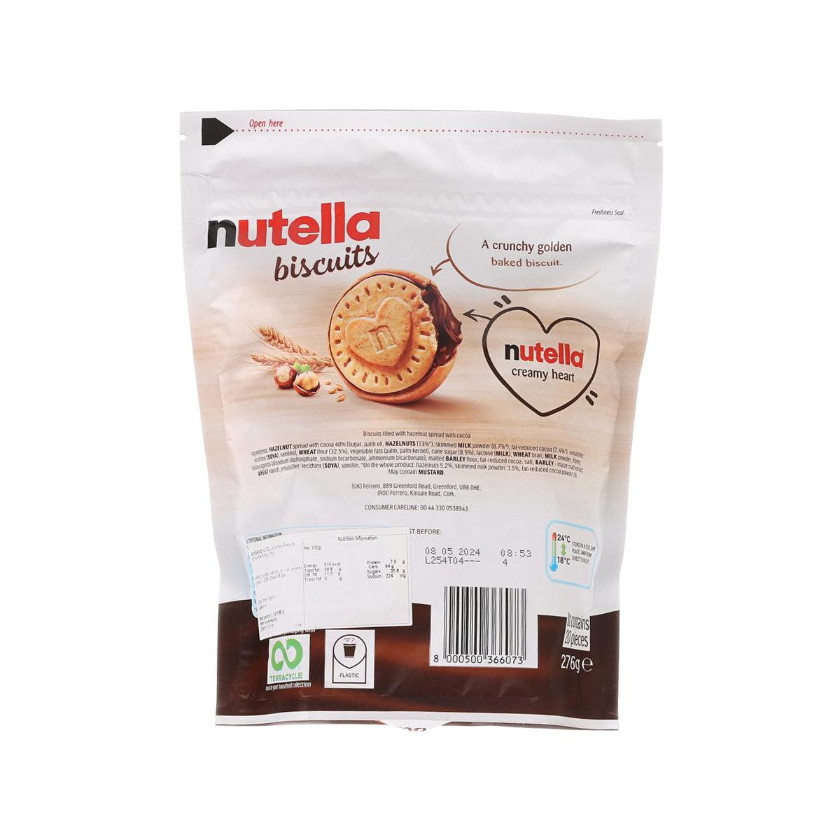 Nutella biscuits pouch back with product details, barcode, and label icons