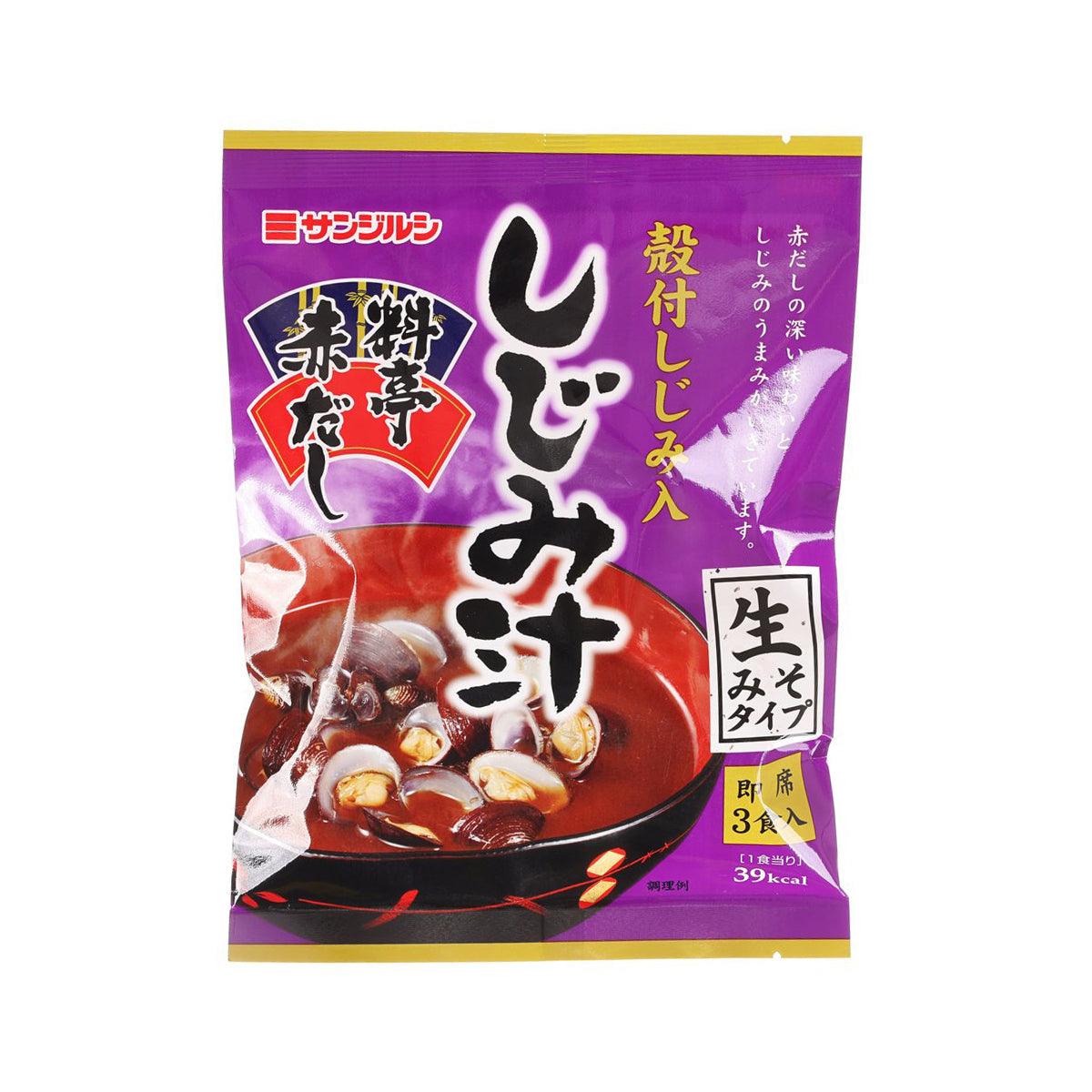 SANJIRUSHI instant clam red miso soup packet, purple front with bowl and clam illustration.