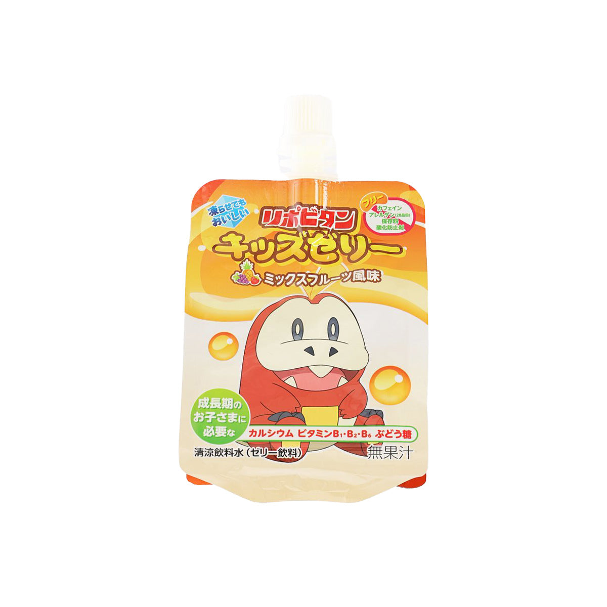 Mixed fruit jelly drink pouch with cartoon character and flip-top spout
