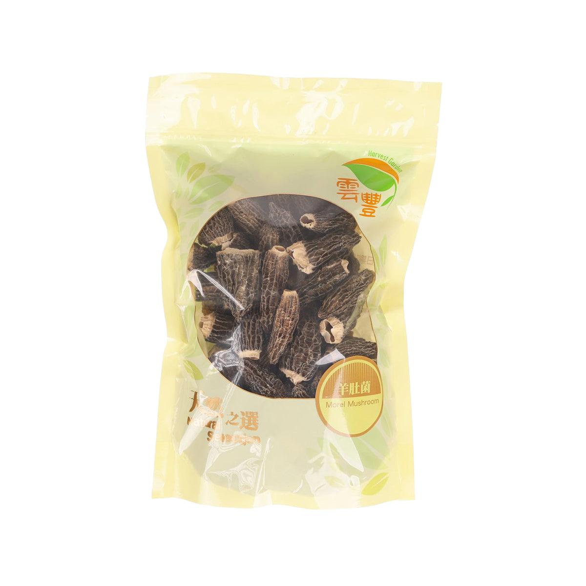 Dried morel mushrooms in yellow stand-up pouch, front label and mushroom photo visible