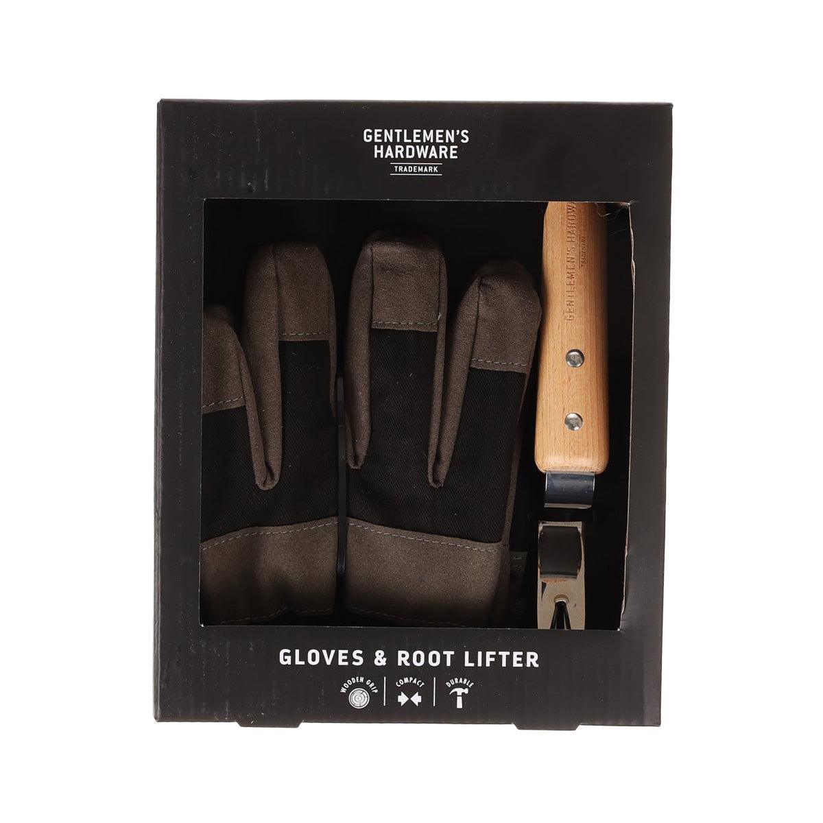 Leather work gloves and root lifter in retail box, dark brown.