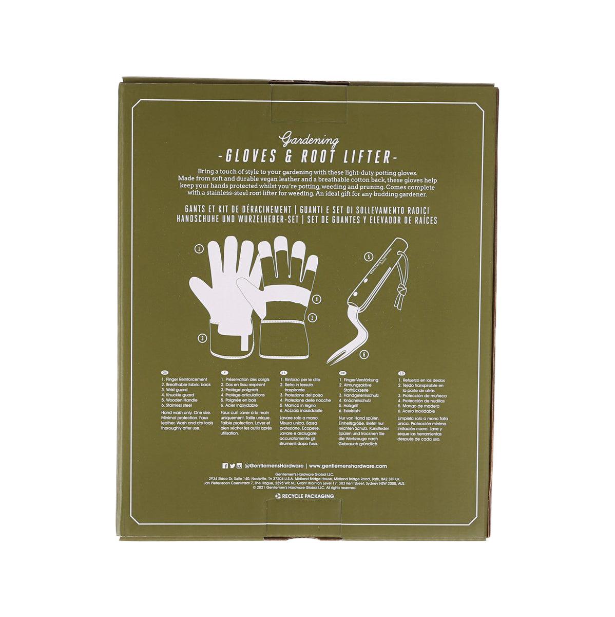 Gloves and root lifter kit on box back with icon instructions.