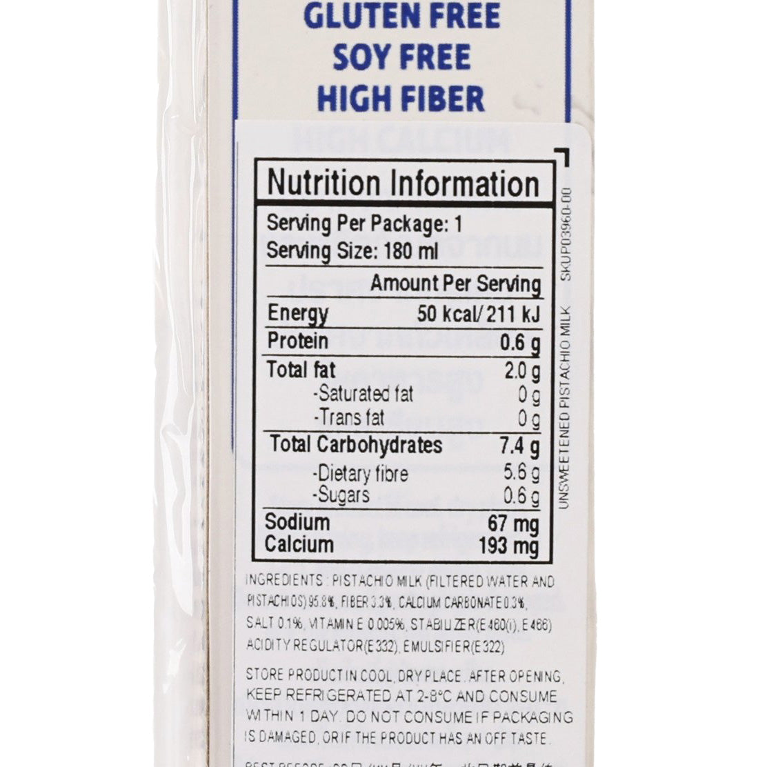 SUNKIST pistachio milk nutrition information panel on the carton