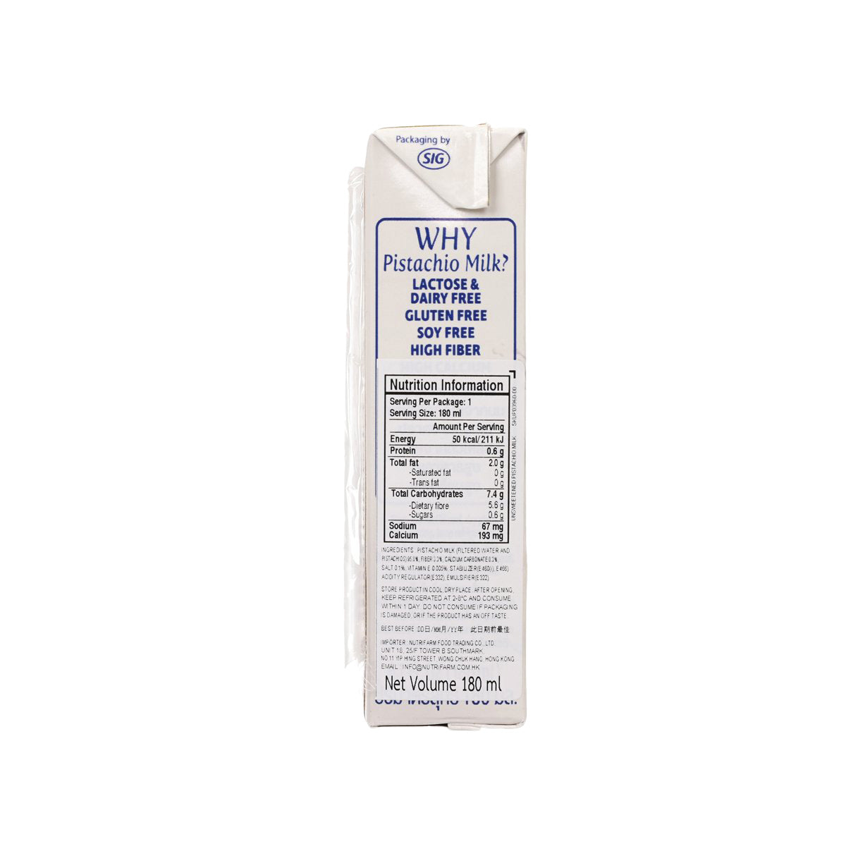 SUNKIST unsweetened pistachio milk carton back label with nutrition info