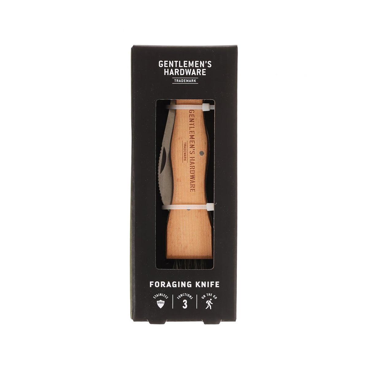 Foraging knife in black gift box with window, wood handle and metal blade visible