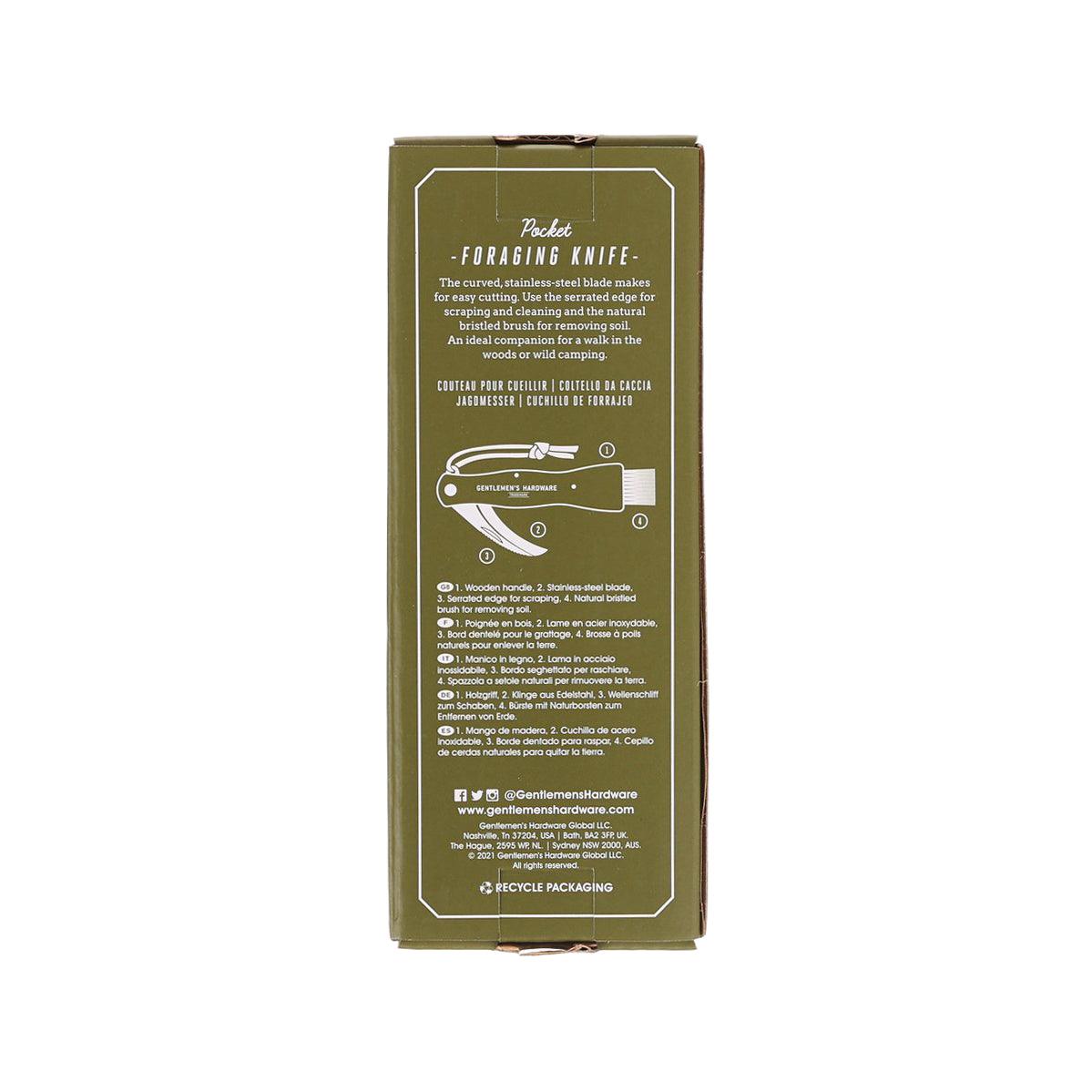 Foraging knife box back with instructions and line diagram on green cardstock