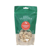 Raw blanched Valencia almonds in green stand-up pouch with window