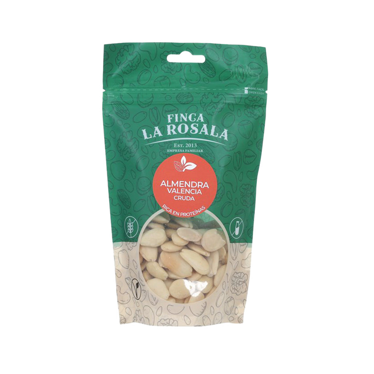 Raw blanched Valencia almonds in green stand-up pouch with window