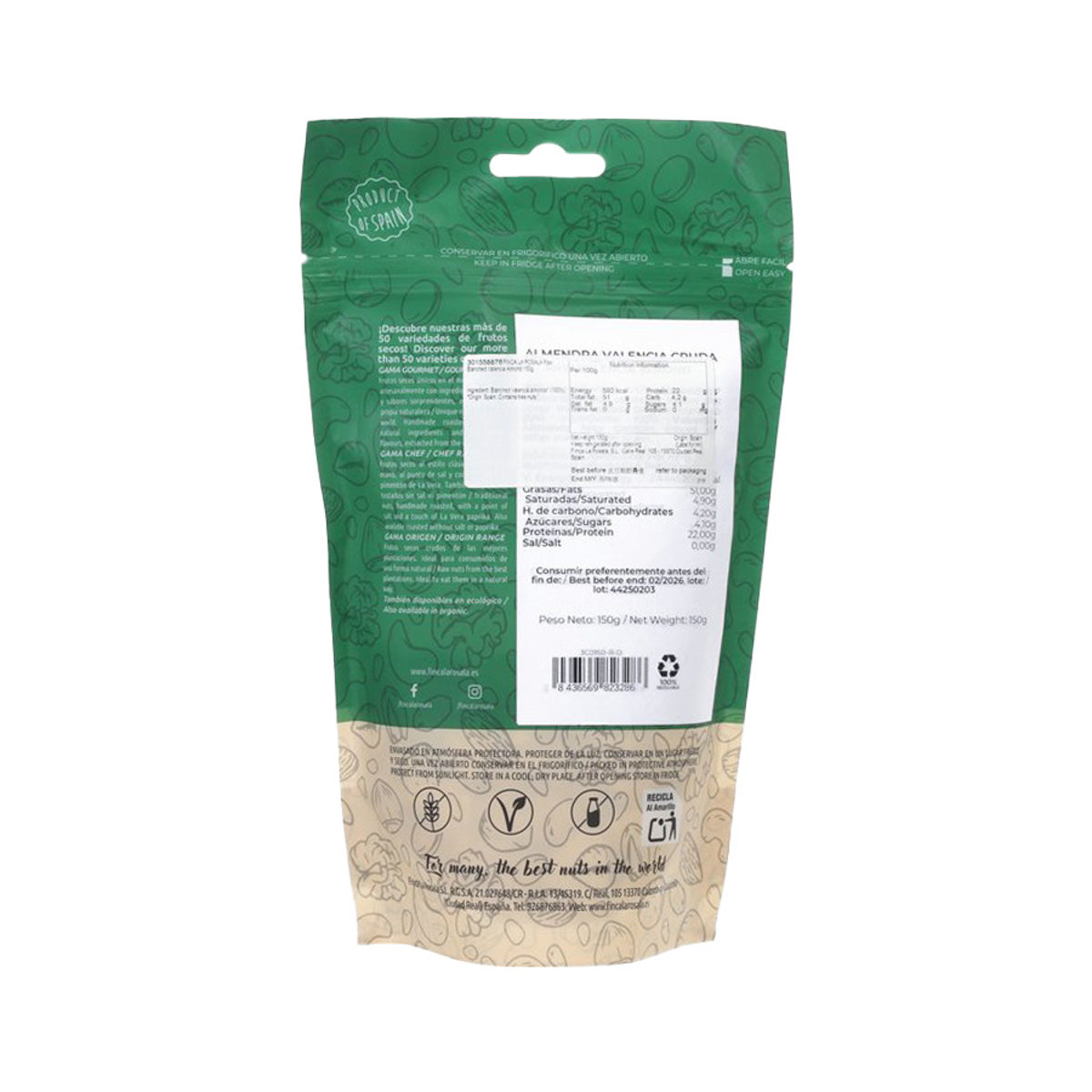 Raw blanched Valencia almonds pouch back with barcode and nutrition panel