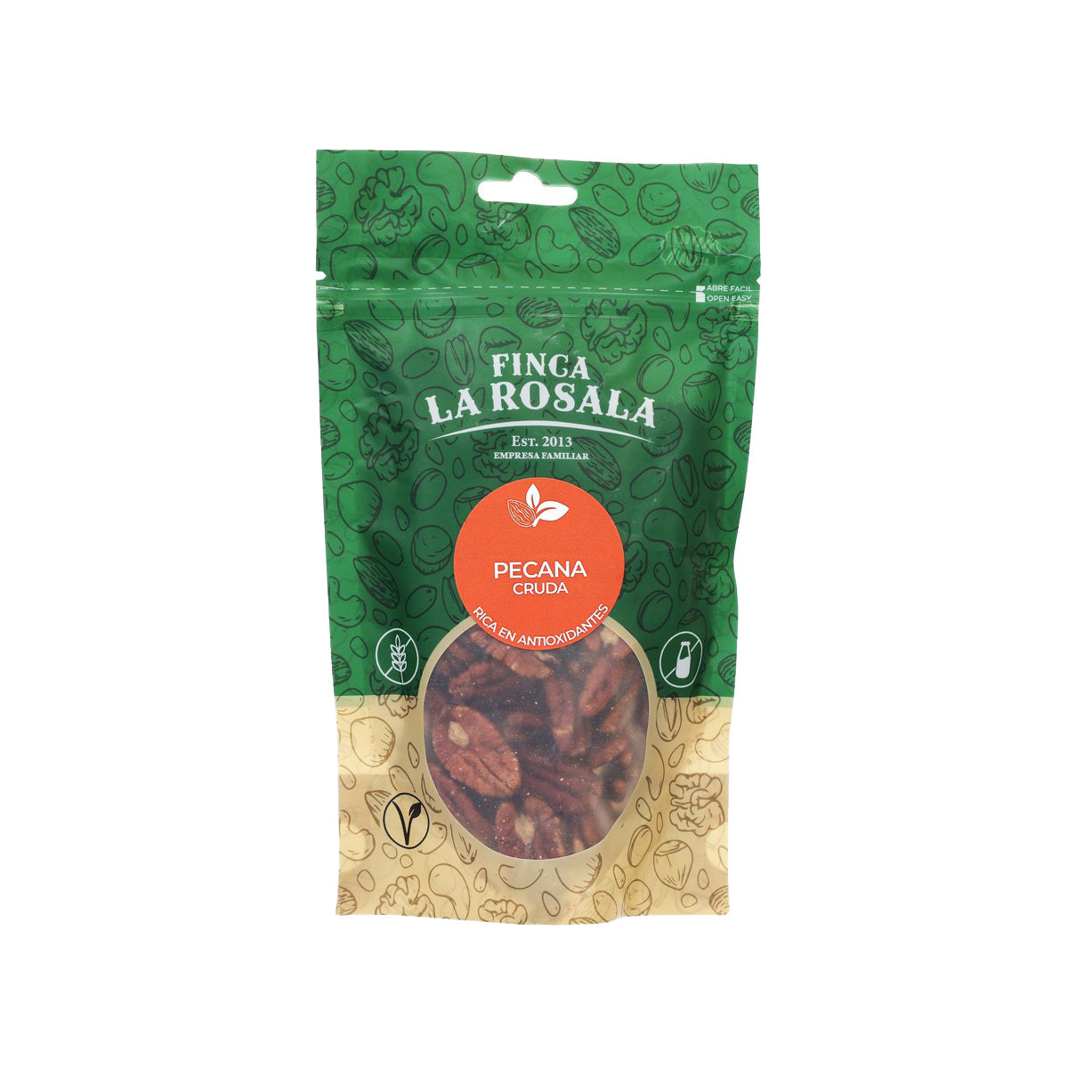 Raw pecan snack bag, green package with PECANA CRUDA label, 150g