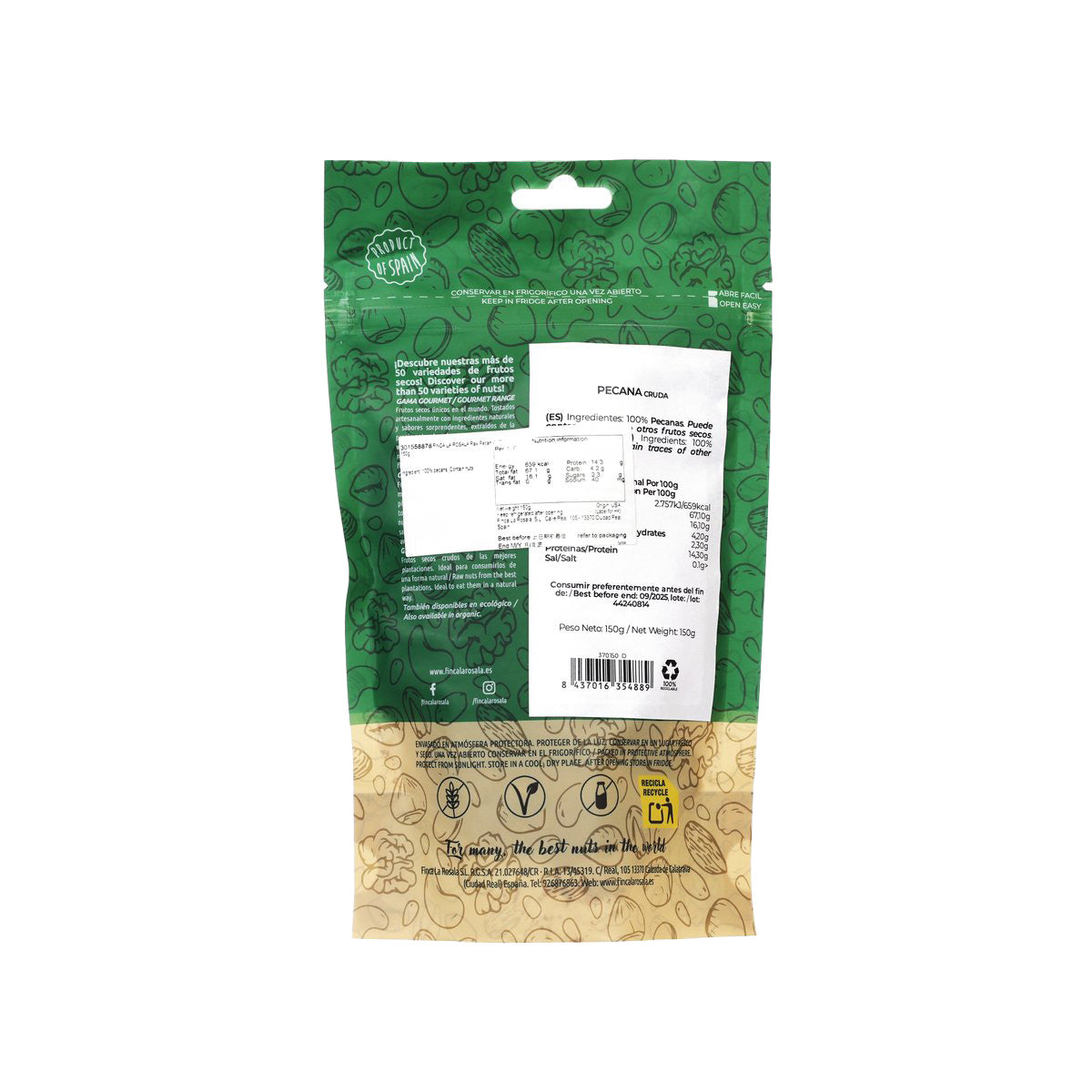 Raw pecan snack bag back panel with ingredients and nutrition facts, 150g