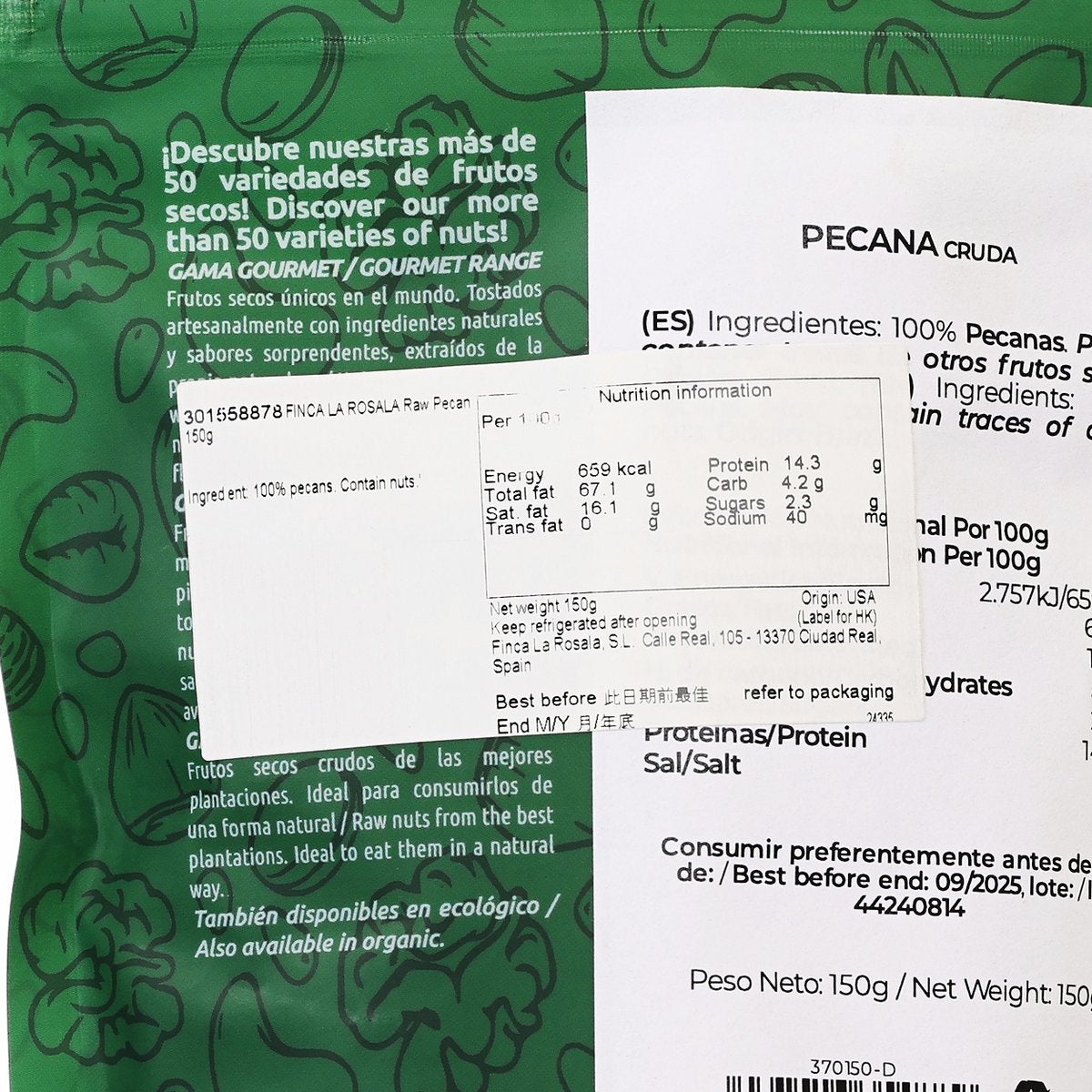 PECANA CRUDA ingredients and nutrition facts label on raw pecan bag, 150g