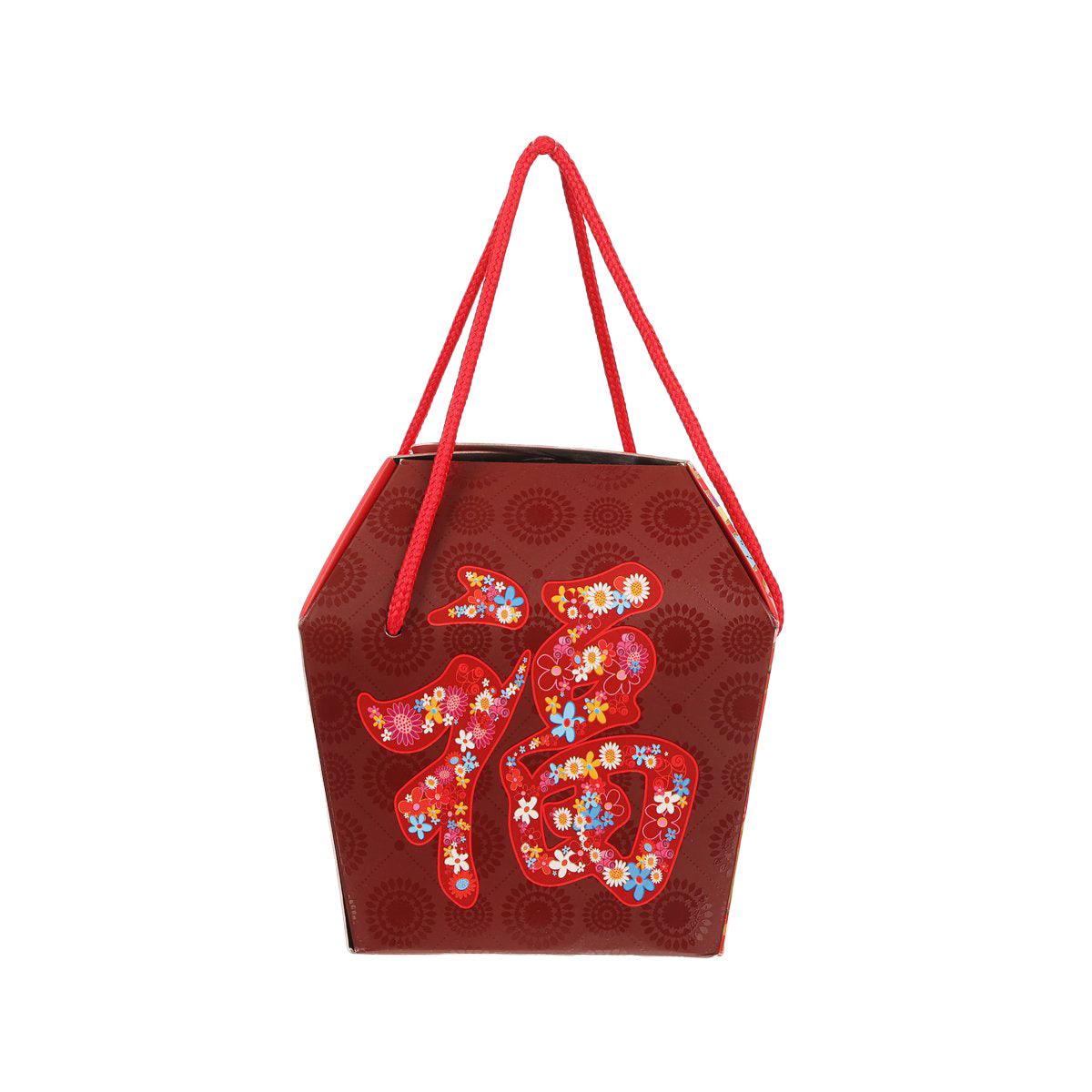 Dark red hexagonal lantern gift bag with colorful embroidered patterns and red handles