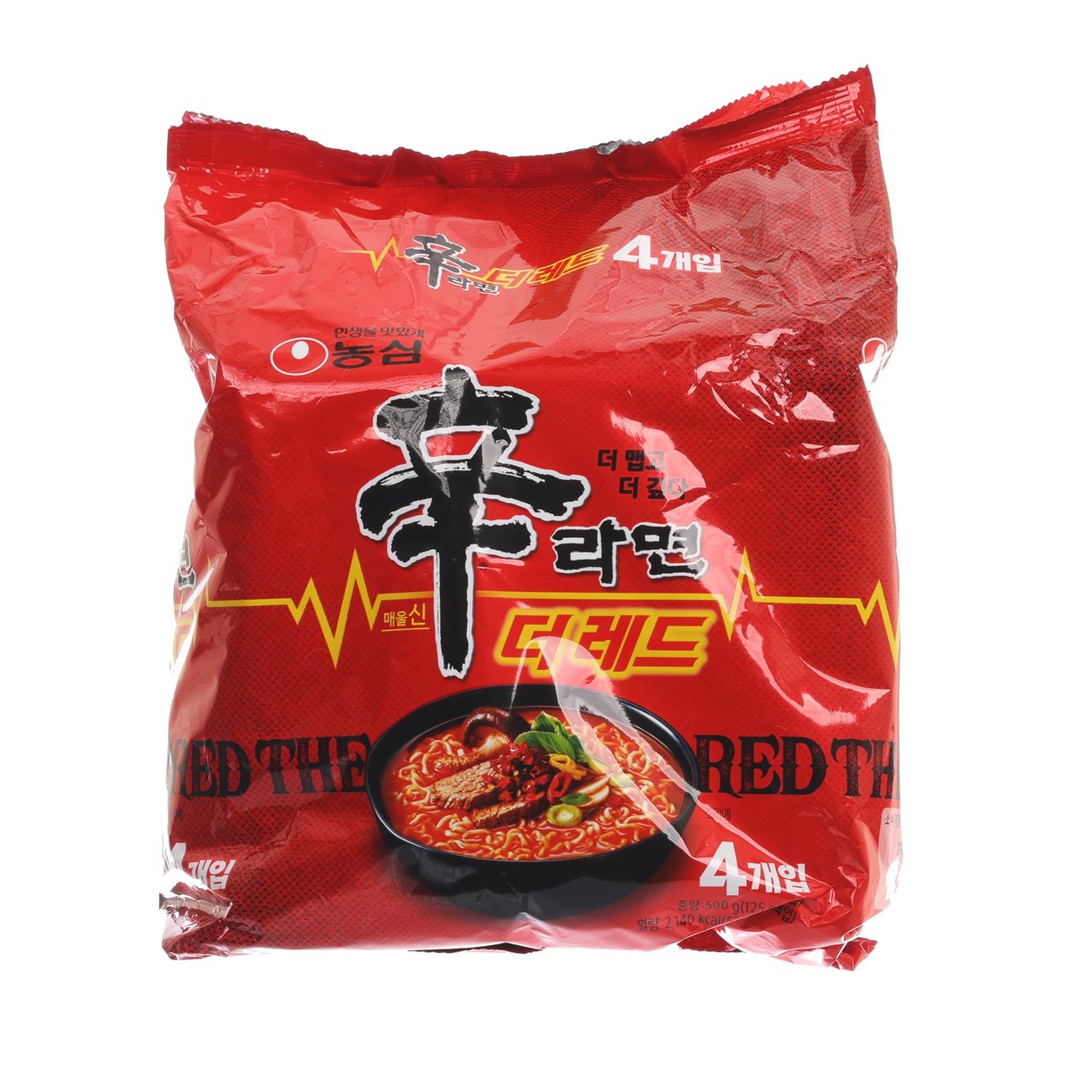 Red Shin ramen instant noodle packet with bold logo, chili flavor image, and 4 pack count